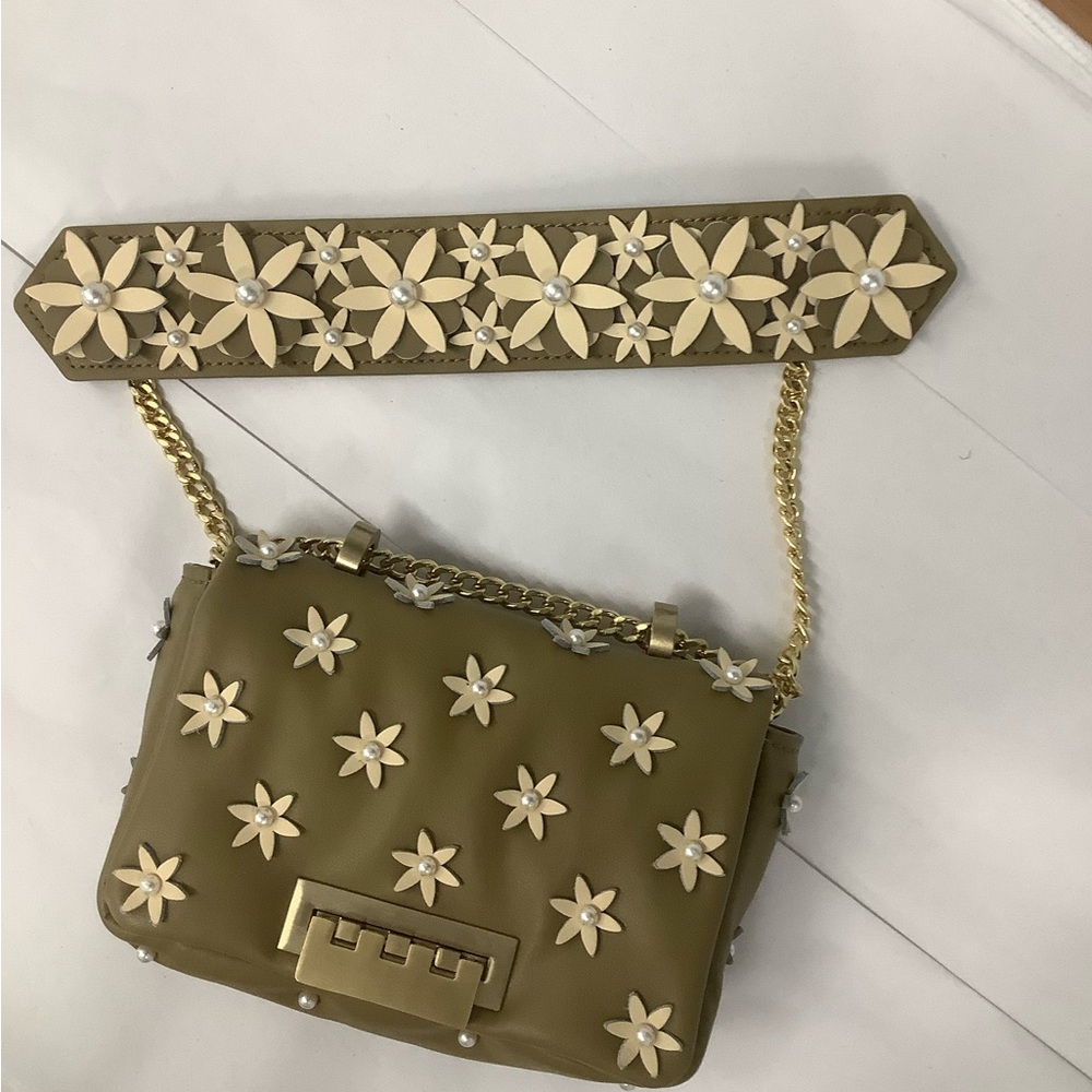 Zac Posen Khaki Floral Beaded Appliquéd Shoulder Bag with Gold Chain